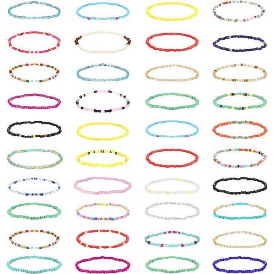 40Pcs Handmade Beaded Anklets For Women Boho Colorful Beads Ankle Bracelets Elastic Stretch Anklets Set For Women